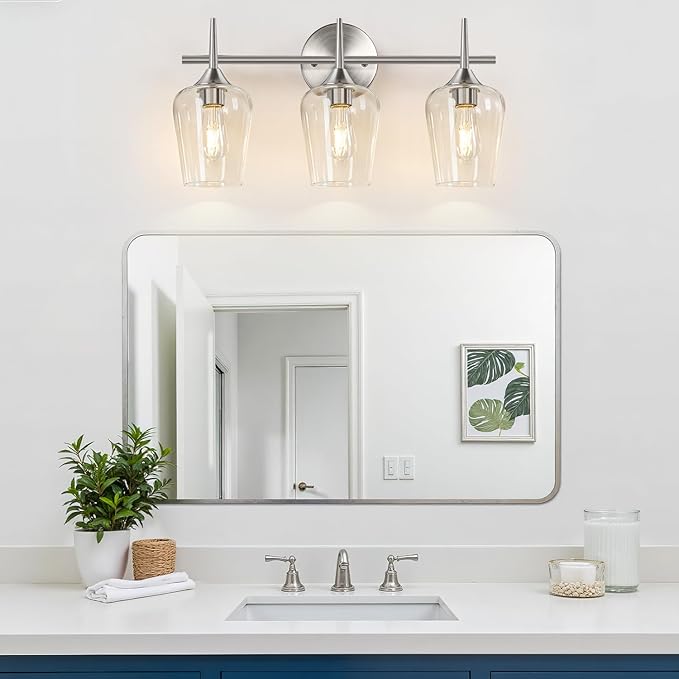 MOKATNG 3-Light Bathroom Light Fixtures, 19.5 in Brushed Nickle Vanity Lights for Bathroom with Clear Glass, Bathroom Lighting Fixtures Over Mirror, Modern Wall lamp for Cabinet Hallway