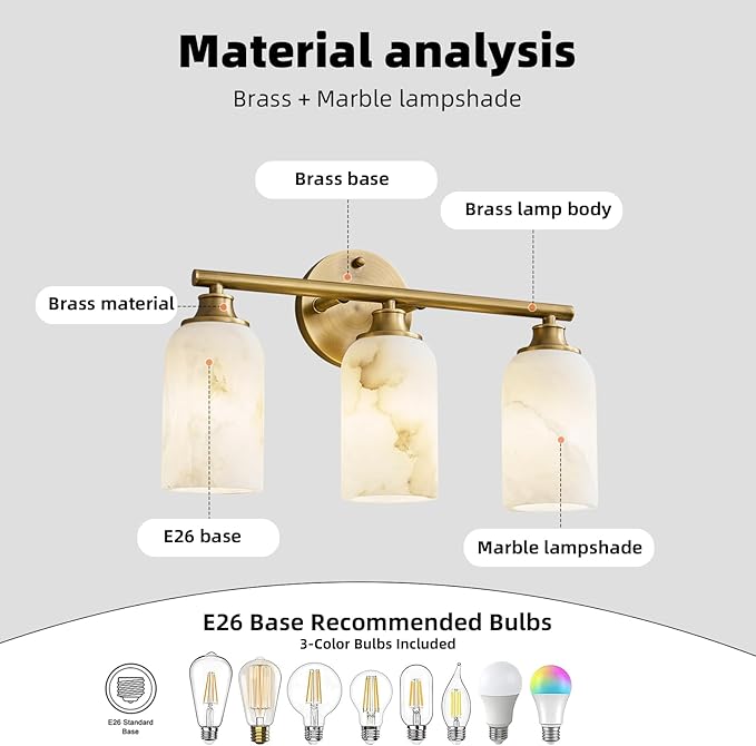 3-Light Brass Bathroom Vanity Light, 16.9 Inch Wall Sconce with Natural Marble Shades, 3-Color LED Bulbs Included, E26 Hardwired for Mirror