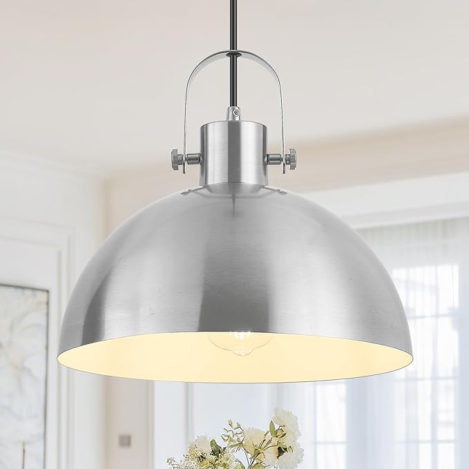 12 Inch Farmhouse Pendant Lights, Brushed Nickel Pendant Lighting for Kitchen Island, lndustrial Adjustable Height Hanging Light for Barn, Dining Room, 1 Pack