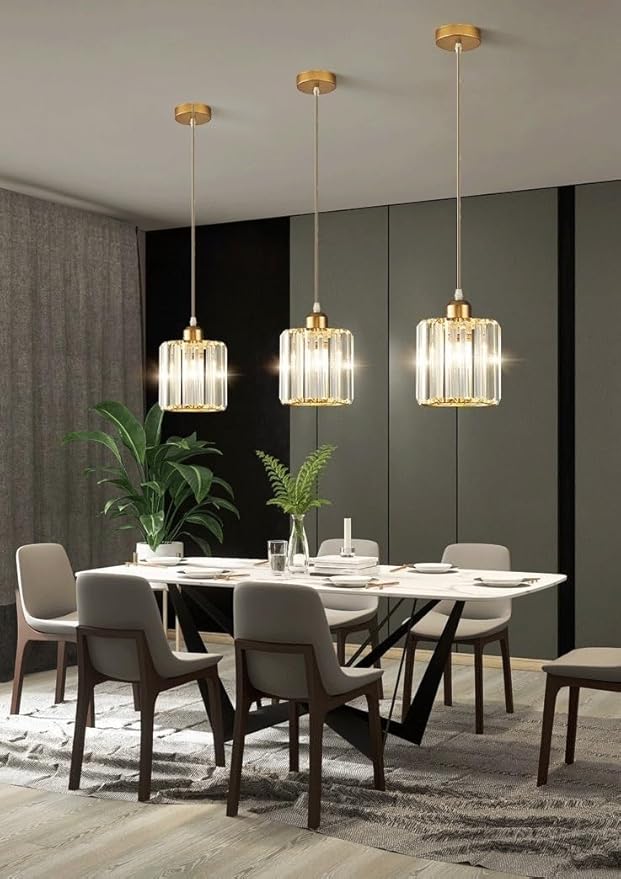 1 Pack Glass Pendant Light Battery Operated with Remote, Rechargeable Wireless Hanging Light Gold, Battery Powered Pendant Lamp Small Crystal Glass Chandelier for Kitchen Dining Table Bedroom