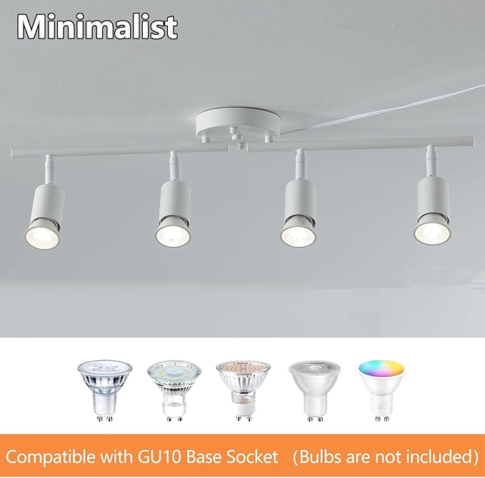 4 Light White Plug in Track Light White Plug in Ceiling Lighting Fixture with 16.4' Long Cord,4 Way Ceiling Spotlight,Rotatable Wall Mount Light Head