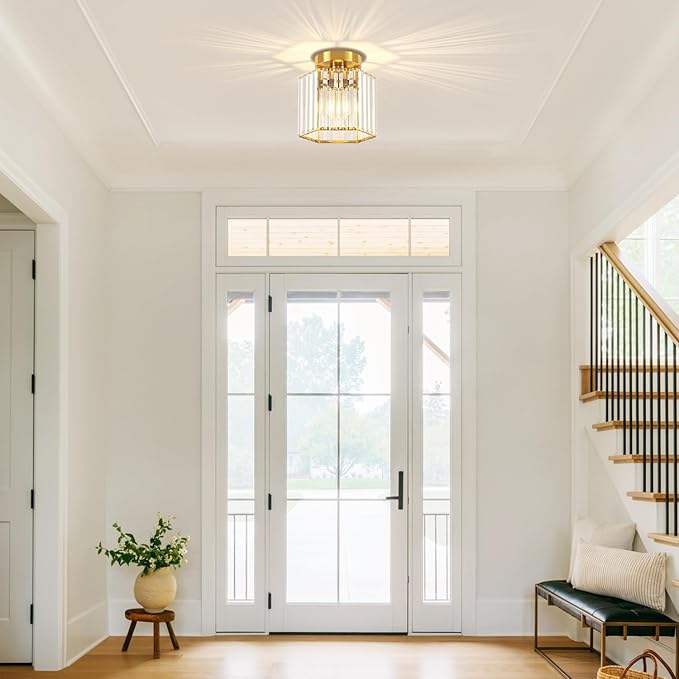 TOULMJ 2 Pack Brushed Gold Ceiling Lights, Modern Crystal Semi Flush Mount Kitchen Ceiling Lighting Fixtures Hallway Ceiling Lamp for Bathroom Bedroom Laundry Room Entryway Foyer Lighting