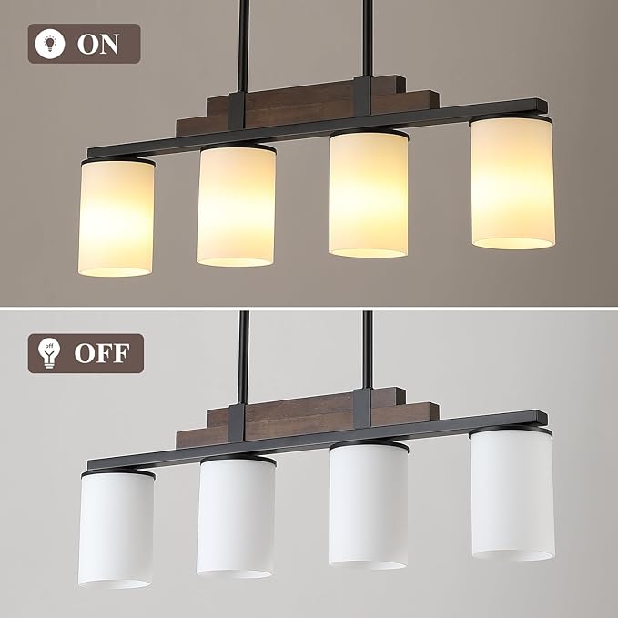 Farmhouse Wood Kitchen Island Lighting, 4-Light Adjustable Chandelier for Dining Room, Milk Glass Shade Dining Room Light Fixture Over Table, Black Hanging Pendant Lights for Kitchen, Pool Table