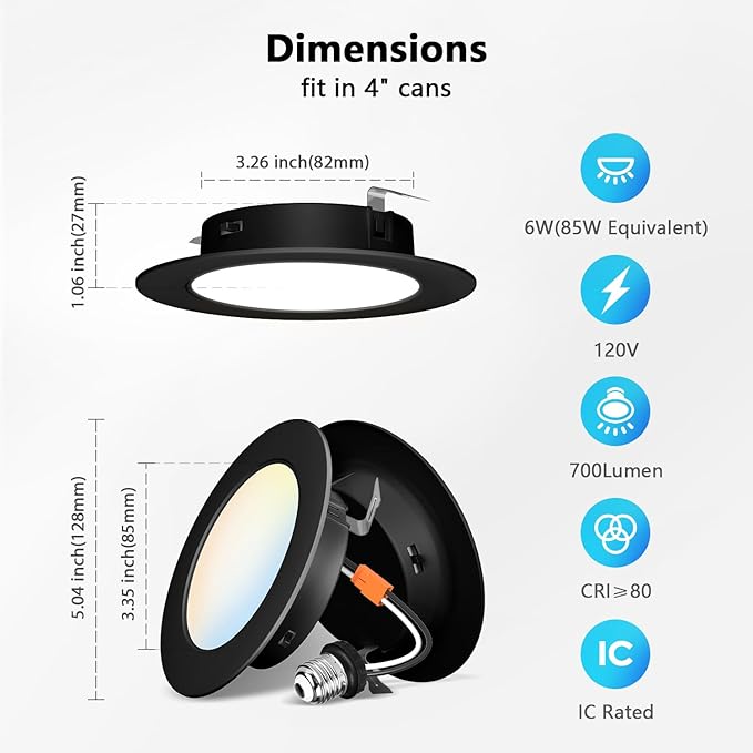 LVWIT 4 Inch Black LED Recessed Lighting, Slim Can Lights, 6W=85W,700LM,5CCT Color Selectable, Dimmable Downlight with E26 Conversion Kit, 12 Pack,IC Rated