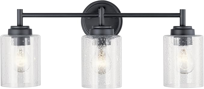 Kichler Winslow 21.5" 3-Light Bathroom Vanity Light Fixture with Clear Seeded Glass in Black, Modern Wall Mount Lighting for Mirror over Vanity in Bathroom, 45886BK