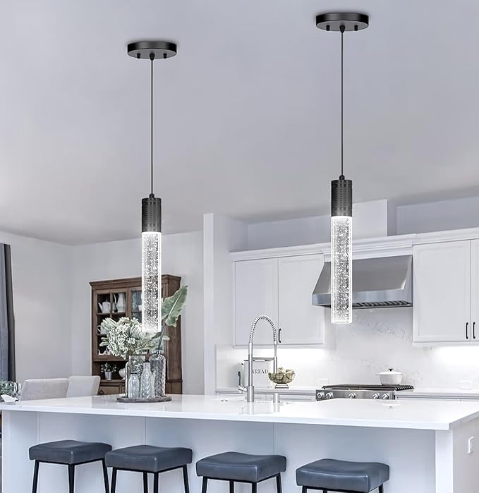 HAIXIANG Set of 2 Pendant Lights for Kitchen Island, White Light, Black Crystal Linear Pendant Lighting, Bar Corner LED Light Fixture