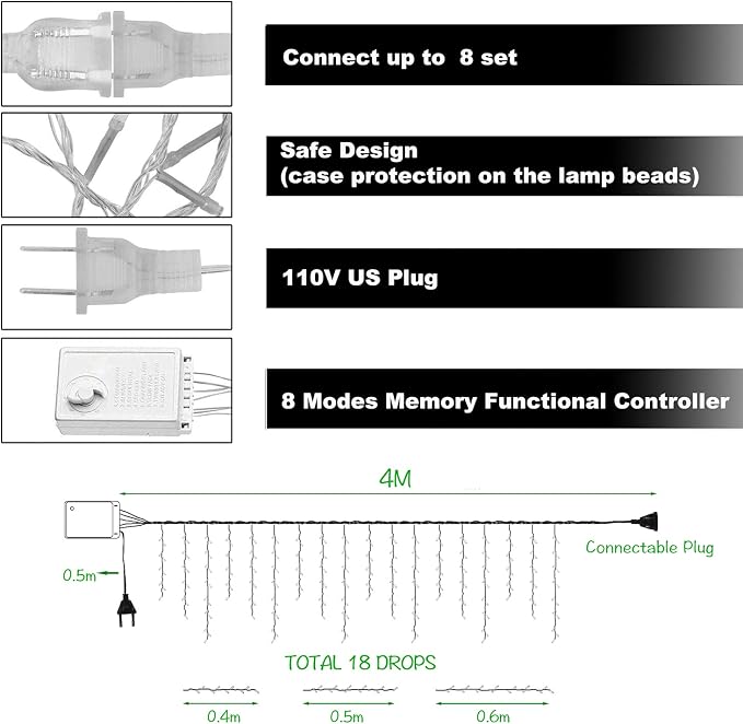 Lainin 3.5M/11ft 96 LED White Linkable Fairy Curtain String Light with 8 Modes Functional Controller for Indoor/Outdoor/Patio/Wedding/Valentines Day/Christmas Party Decor
