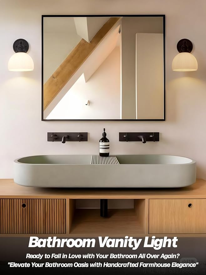 Black Wall Sconce Vintage Bathroom Sconce Light with Frosted Milk Glass Farmhouse Bathroom Vanity Light for Living Room Bedroom Hallway Stairway E26 Hardwire Indoor