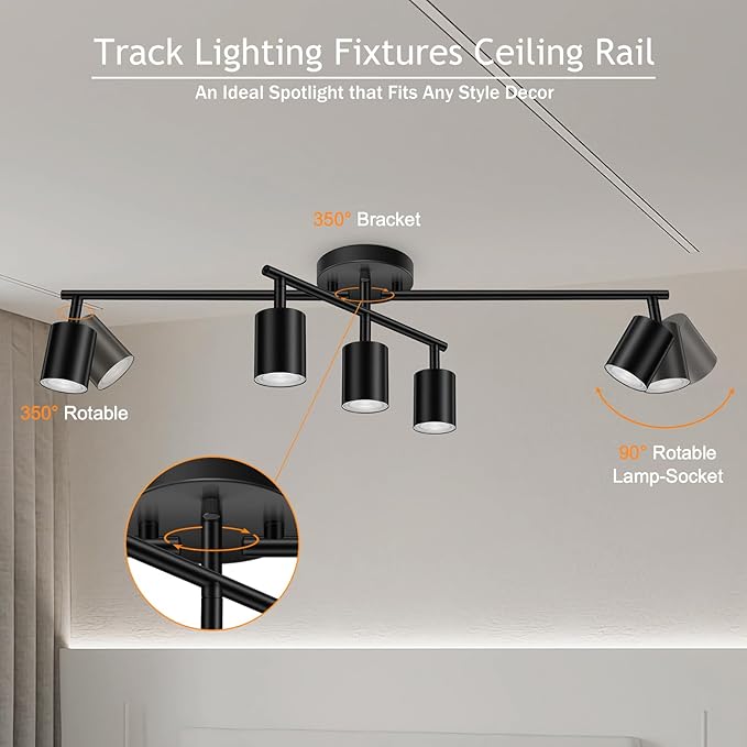 BoostArea 5 Light Track Lighting Kit, Black 5 Way Ceiling Spot Lighting, Center Swivel Track Light Heads, Flexibly Rotatable Light Head for Kitchen, Living Room, Bedroom, GU10 Bulb Not Included