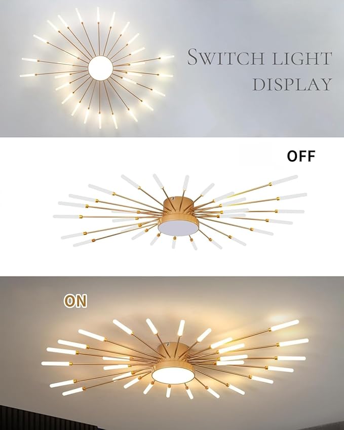 42 Inch Led Flower Ceiling Light Fixture 28+1 Light Modern Gold Sputnik Flush Mount Ceiling Lamps for Dining Room Metal Firework Chandelier for Kitchen Bedroom Hallway Living Room Ceiling Light