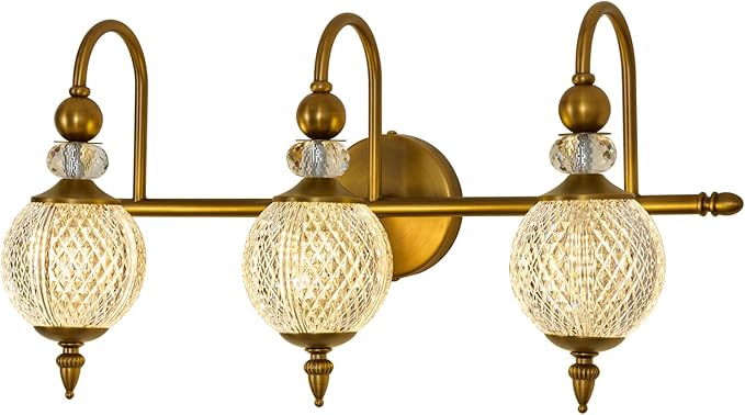 Vintage Vanity Light 3 Lights Gold Bathroom Light Fixtures Over Mirror with Acrylic Globe Shade