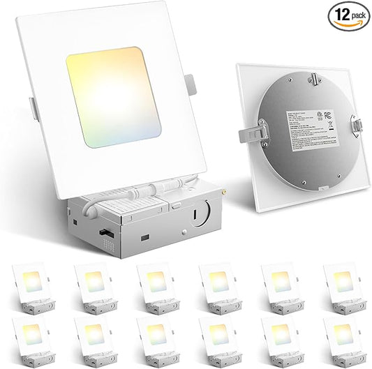Amico 12 Pack 4 Inch Ultra-Thin LED Square Recessed Light with Junction Box, 5CCT 2700K/3000K/3500K/4000K/5000K Selectable, 700LM Brightness, Dimmable Canless Wafer Downlight, 10W, ETL&FCC