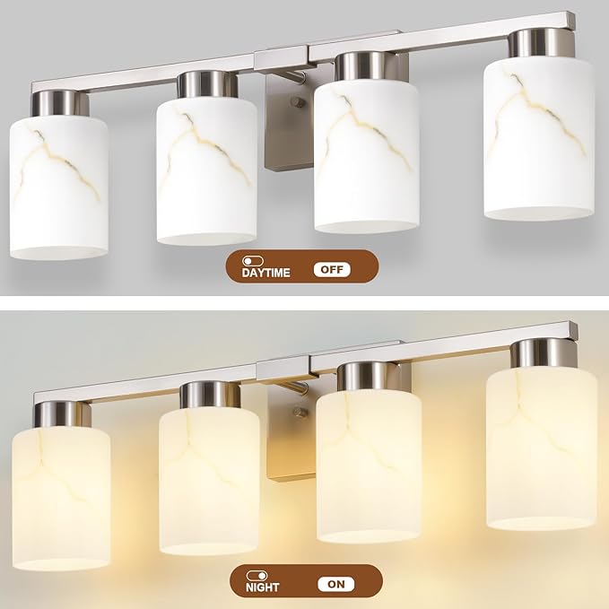 4-Light Bathroom Light Fixtures, Modern Vanity Lights, Brushed Nickel Metal Wall Lamp with White Marble Glass for Bathroom, Mirror, Living Room, Bedroom, Cabinet, Porch, Hallway, E26 Base