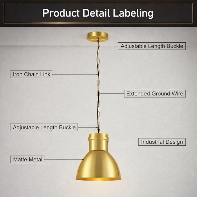 BoostArea Gold Pendant Light for Kitchen Island, 10.6" Large Metal Dome Shade, 70.9" Adjustable Height Hanging Light Fixture, Modern Farmhouse Pendant Lighting, E26 Base, Bulb Not Included