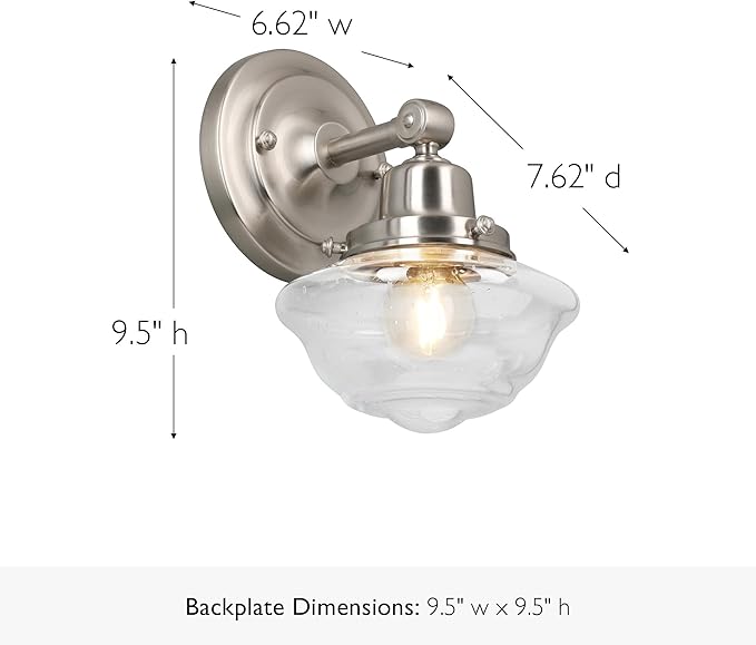 Design House Vintage-Inspired Schoolhouse Wall Sconce, 6.625 in x 7.625 in x 9.5 in, Satin Nickel, Clear Seeded Glass Shade, 589127-SN