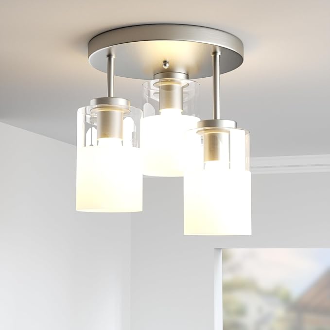 Maxax 3-Lights Nickel Semi Flush Mount Ceiling Light Fixture, 11.5" Modern Farmhouse Light Fixture with Clear Frosted Glass, E26 Base, for Kitchen, Foyer, Hallway, Entryway, Bedroom, Stairs