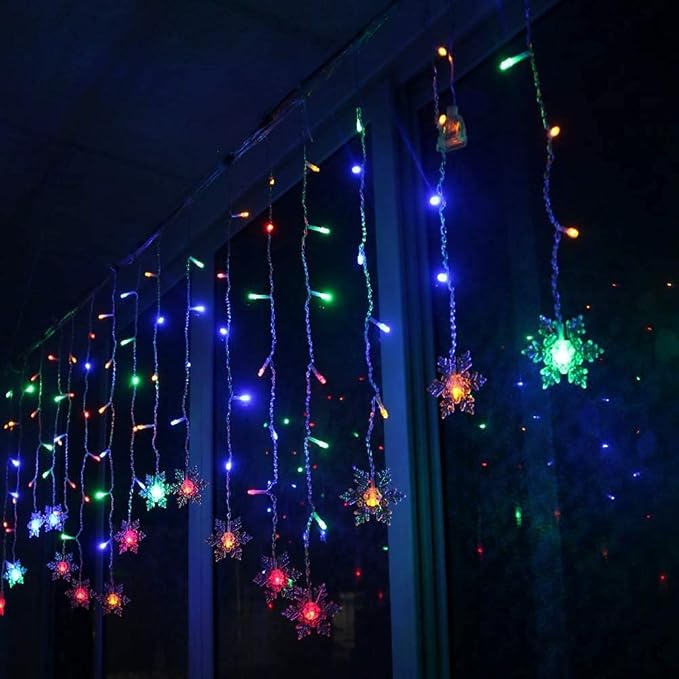 LED Curtain Lights,19ft/6M 96 LED Snowflake Curtain String Lights Plug-in Window Curtain Lights with 8 Modes Decoration for Christmas, Wedding, Party,Wall, Home Decorations (Colorful)