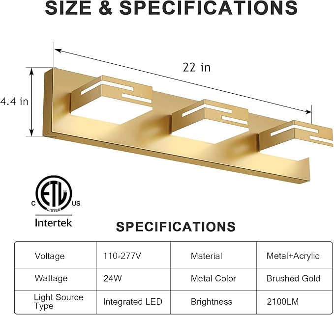LED Modern Bathroom Vanity Light Fixtures, 3-Light 22-inch Dimmable Gold Vanity Lights for Bathroom Lighting Fixtures Over Mirror, with 360° Rotatable Heads (Cool White 6000K)