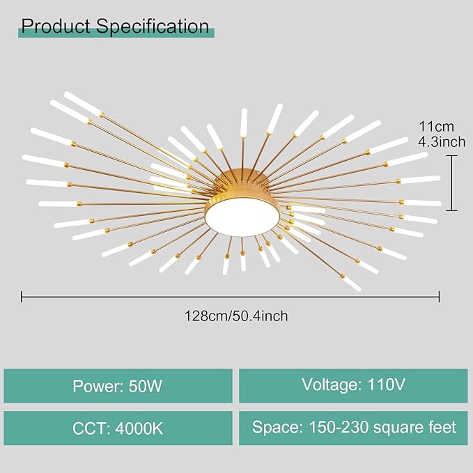 ziidoo Modern Ceiling Light, 42+1 Lights Metal Firework Designed Chic Led Lighting Fixture for Farmhouse Kitchen Dining Room Bedroom Hallway Living Room (Gold and Dark Gold)