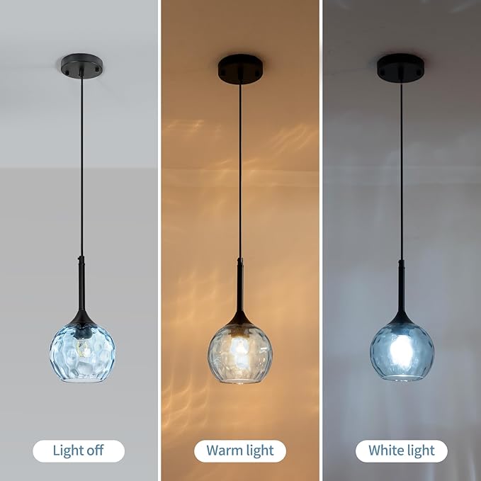 JHLBYL Glass Pendant Lights Kitchen Island: 5.91'' 2-Pack 1-Light Blue Hammered Glass Pendant Light with Black Finish - Modern Minimalist Hanging Light Fixture for Kitchen Sink Dining Room - E26 Base