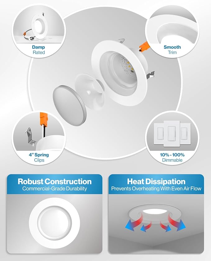 Sunco 4 Inch LED Recessed Lights Retrofit, Dimmable Can Lighting, 660 LM, 11W (40W Equivalent), Selectable CCT 2700K/3000K/3500K/4000K/5000K, Smooth Trim, Damp Rated UL 1 Pack