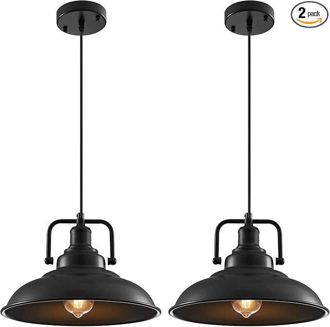Black Pendant Light 12.5 inches 2 Packs, Farmhouse Pendant Light, Modern Pendant Lights, Kitchen Pendant Lights, Pendant Lights Kitchen Island for Dinning Room Entryway Barn