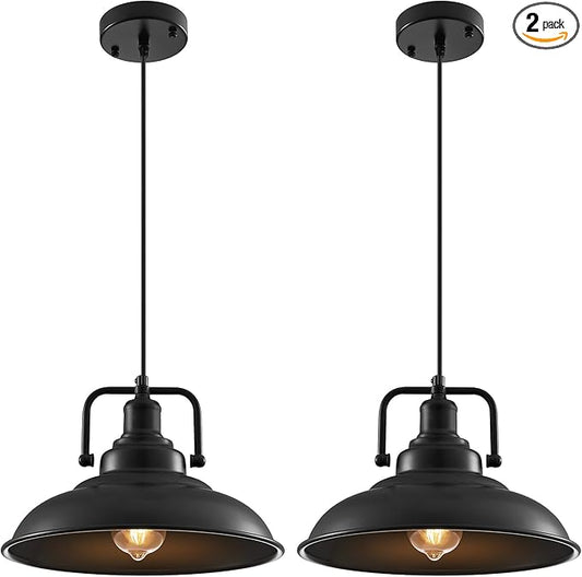 Black Pendant Light 12.5 inches 2 Packs, Farmhouse Pendant Light, Modern Pendant Lights, Kitchen Pendant Lights, Pendant Lights Kitchen Island for Dinning Room Entryway Barn