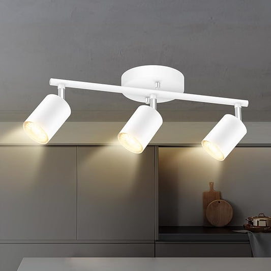 White Track Lighting, 3 Light Track Lighting Kit, White 3 Way Modern Ceiling Spotlight, Flexibly Rotatable Light Head, Industrial LED Track Light Kit for Kitchen Cabinet Gallery Bar Living Room