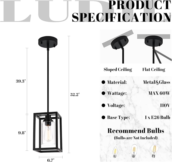 Matte Black Farmhouse Pendant Light Fixtures, Industrial Kitchen Island Light, Rectangle Linear Metal Hanging Lighting Fixture Ceiling Mount with Clear Glass Shade E26 Base for Dining Room, 2 Pack