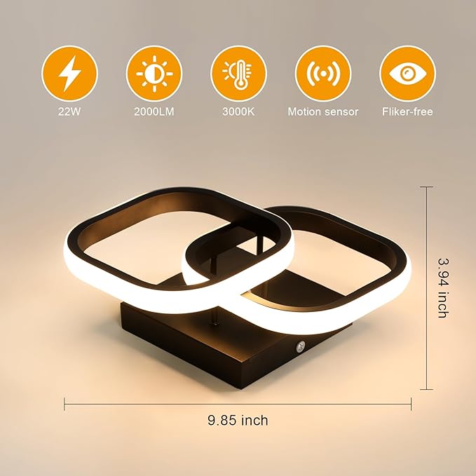 Modern LED Ceiling Light with Motion Sensor,22W Close to Ceiling Light Fixtures,Warm White 3000K Black 10 Inch Square Design Flush Mount Ceiling Light for Hallway Porch Stair Closet Basement