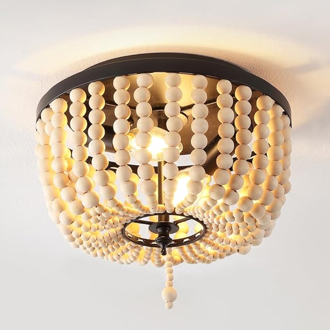 JONATHAN Y 10" Black/Cream Allison 2-Light LED Flush Mount Ceiling Light for Bedroom, Wood Beaded Shade Shabby Chic Farmhouse Rustic Decor, LED Bulbs Included (JYL9074B)