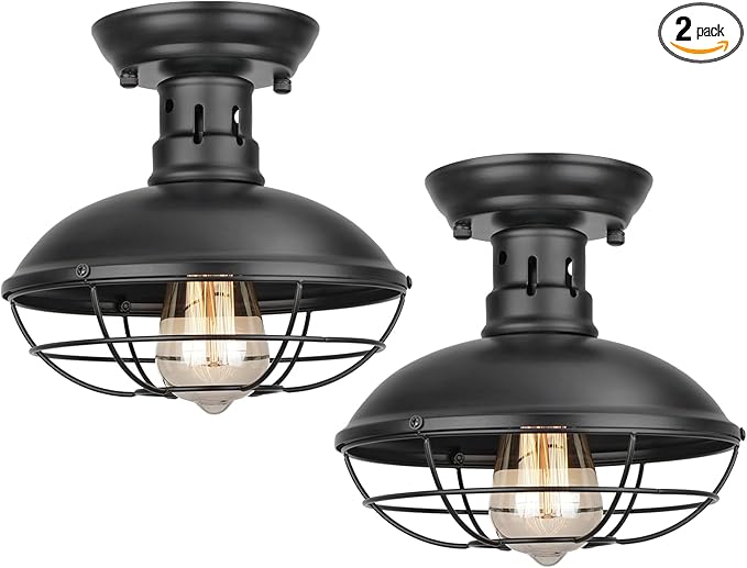 2 Pack Farmhouse Flush Mount Ceiling Light - Easric Industrial Ceiling Light Fixture Rustic Black Metal Cage Close to Ceiling Lamp E26 Base for Hallway Foyer Kitchen Porch