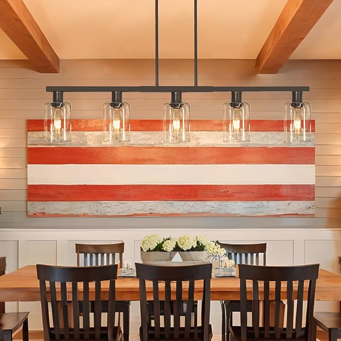 5-Light Kitchen Island Light, Black Dining Room Light Fixture Over Table, Farmhouse Linear Pendant Lights Kitchen Island with Glass Shade, Chandeliers for Pool Table, Sink, Bar, Height Adjustable