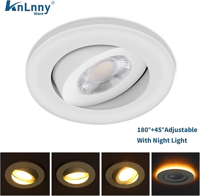 KnLnny Ware Gimbal Recessed Lights 4 Inch with Night Light, Eyeball recessed Lighting with Junction Box,9W 750LM Dimmable ETL Listed, Airtight, 5CCT Selectable