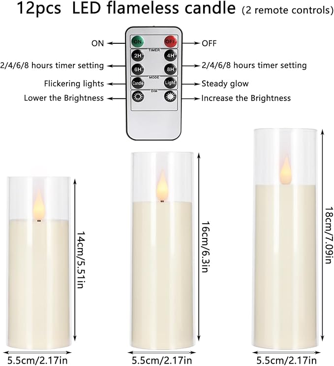 fclayvts 12 Packs of Acrylic LED Candles, Flickering Flameless Candles Battery Operated with Remote Dimmed and Timed, 3D Wick Candles for Home Decor,Wedding,Gift，Parties and Festivals. (3 Size Ivory)