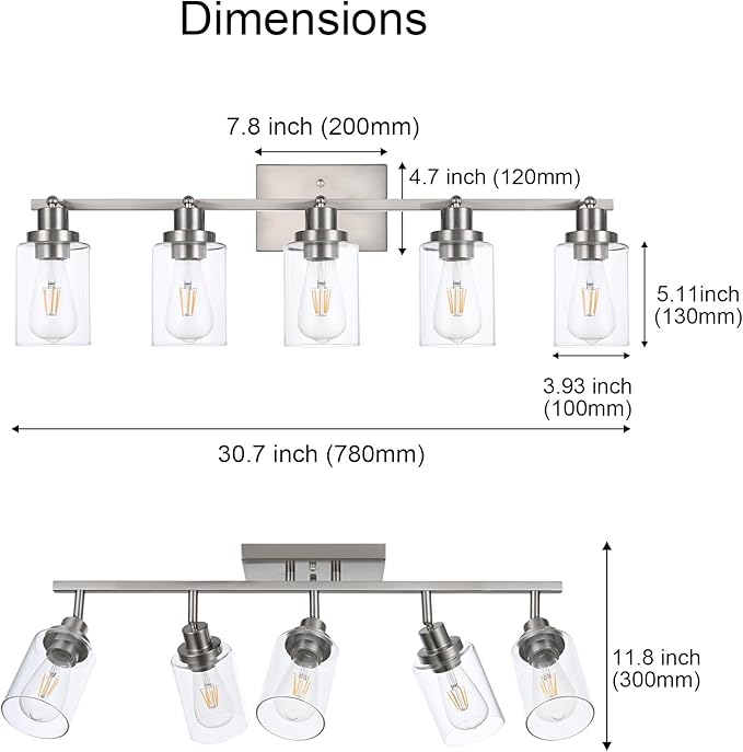 5 Light Multi-Directional Track Lighting Kit Brushed Nickel Kitchen Track Lighting Fixtures Ceiling Vanity Light Fixture with Clear Glass, Modern Rotatable E26 Spotlight for Kitchen Bathroom Hallway
