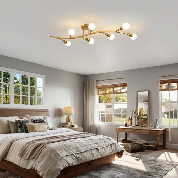 Gold Modern Sputnik Semi Flush Mount Ceiling Light Fixture 7-Lights,Mid Centur Minimalist Sputnik Chandelier for Living Room,Dining Room,Bedroom,Kitchen,Hallway(Bulbs Not Included)