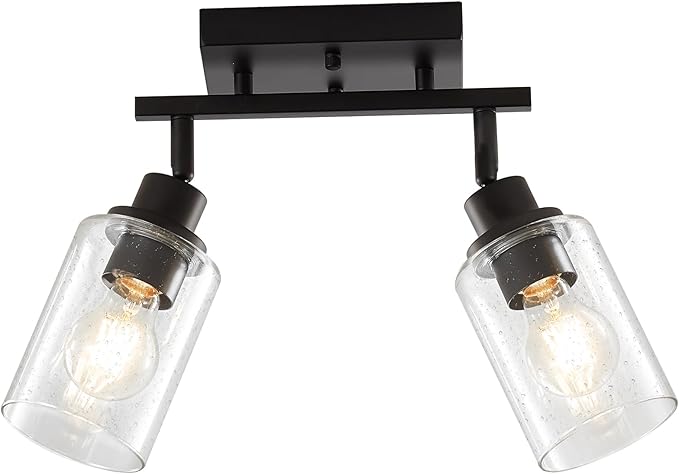 LOUSACE 2 Light Kitchen Track Lighting Fixtures Ceiling Black, Above Sink Light Fixture Kitchen with Rotatable E26 Heads & Seeded Glass Shade, Modern Bathroom Vanity Light Ceiling & Wall Mount