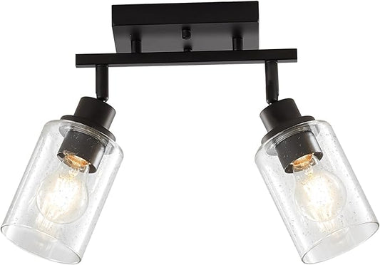 LOUSACE 2 Light Kitchen Track Lighting Fixtures Ceiling Black, Above Sink Light Fixture Kitchen with Rotatable E26 Heads & Seeded Glass Shade, Modern Bathroom Vanity Light Ceiling & Wall Mount
