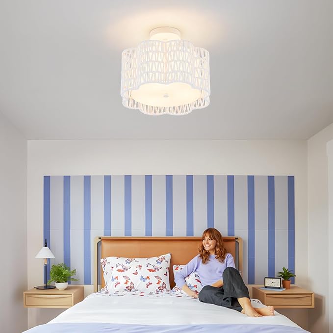Tbaoinla✿ 13.8＂ Handwoven Rattan 3-Light | White Boho Flush Mount for Small Bedroom & Nursery, Midnight Blossom Woven Ceiling Light, Natural Fiber Bedroom Fixture, Low Profile Rattan Lighting