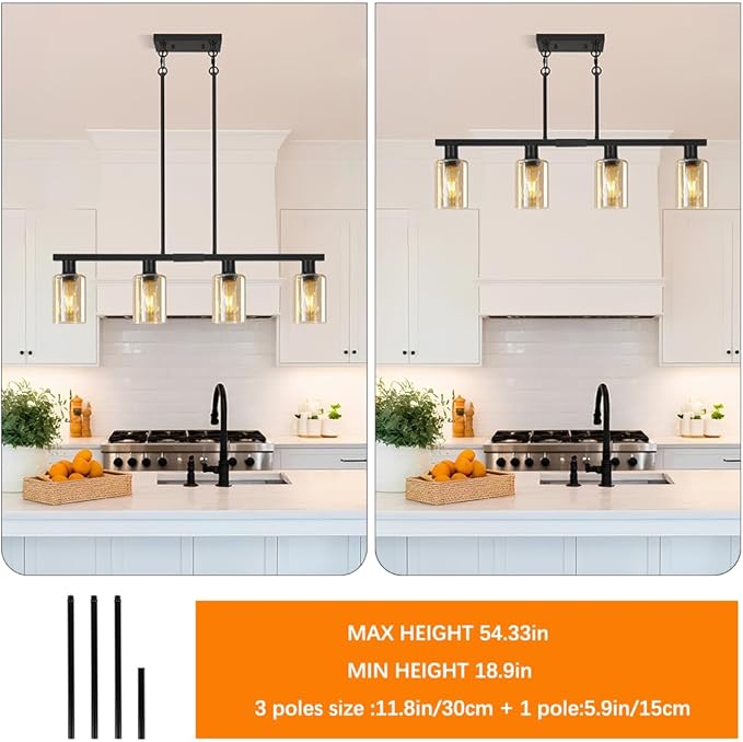 4-Light Kitchen Island Lighting, Black Dining Room Light Fixture with Adjustable Rods & Amber Glass Shades, Farmhouse Decor Black Metal Chandelier with Seeded Glass Shade, Island Lights for Kitchen