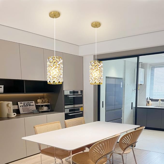 Gold Pendant Lights Kitchen Island, Mini Crystal Modern Kitchen Pendant Lighting Over Sink with 10.2" Clear Glass Shade Chandeliers, Adjustable Pendant Light Fixture for Dinning Room Bedroom Entryway