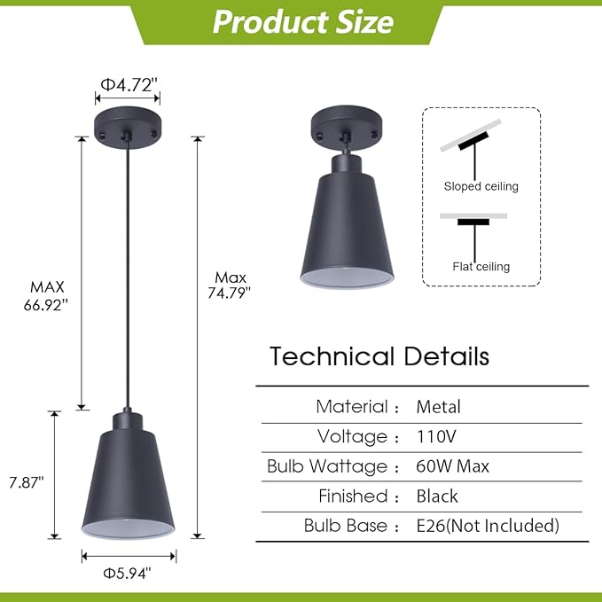 Black Pendant Light Kitchen Island Pendant Lighting with 5.94in Metal Shade Modern Hanging Light for Kitchen Small Pendant Light Fixture for Christmas Gift,Dining Room,Bar, Adjustable Cord