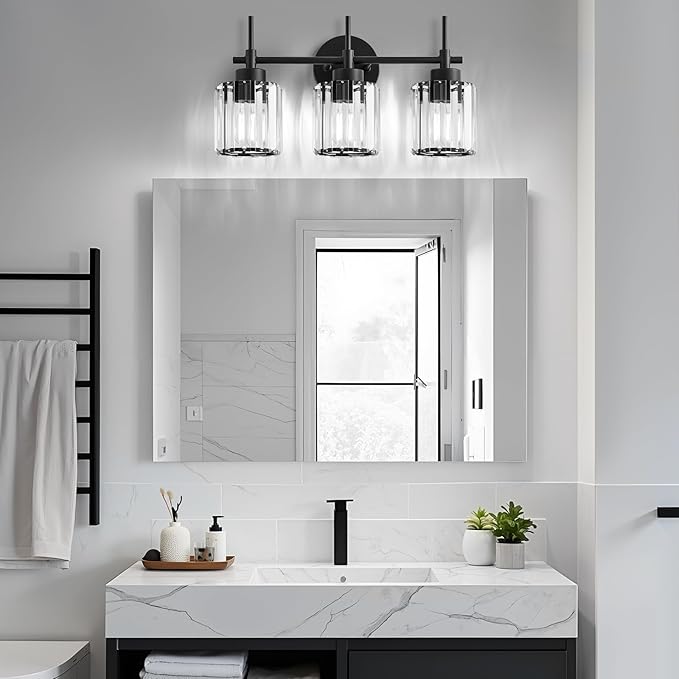 EJIAXIN 3 Light Black Crystal Vanity Light, Modern Bathroom Vanity Light Over Mirror, Up and Down Mount Wall Sconce Lighting for Bathroom Bedroom Living Room Hallway