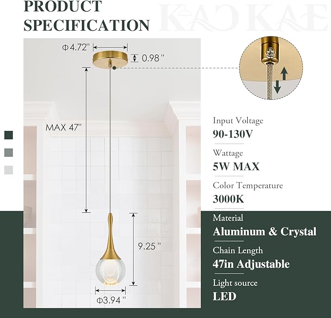LED Pendant Light Kitchen Island Raindrop Crystal Pendant Lights Dimmable Gold Modern Hanging Light for Bedroom Bathroom Living Room 3000K Warm White, 1 Pack