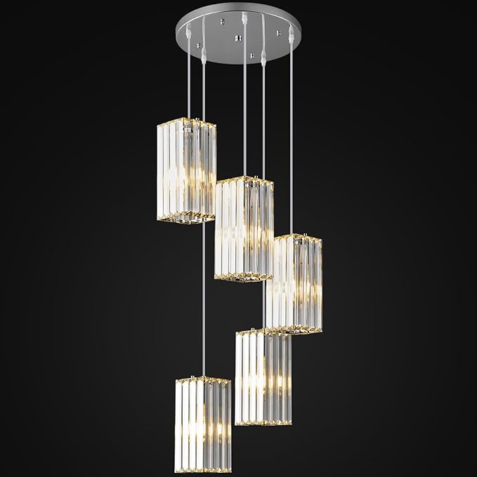 Modern Pendant Light Chrome Rectangle Pendant Lighting Mini Crystal Chandeliers Adjustable Pendant Light Fixture for Kitchen Island Dinning Room Living Room Corridor Bedroom(Chrome 5-Light)