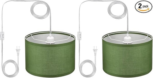 PATIKIL Plug in Pendant Light, 2 Pack 15Ft Rope Cord Hanging Lamp Fixture with ON/Off Switch, Linen Fabric Shade E26/E27 Bulb Socket for Bedroom Kitchen Living Room, Army Green