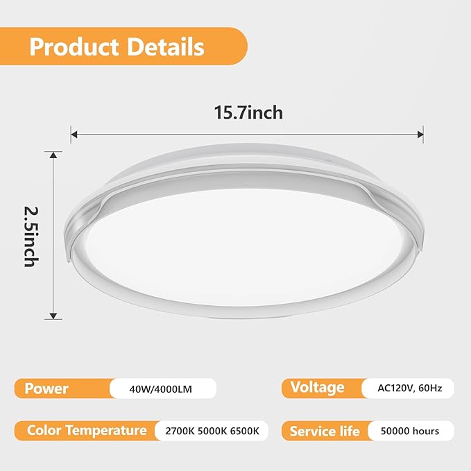 OOWOLF Flush Mount LED Ceiling Light Fixture, 2700K-6500K Super Bright 40W 4000LM 15.75 Inch Dimmable Warm/White Light Kitchen Light Modern Ceiling Lamp for Bedroom Bathroom, Chandeliers with Remote