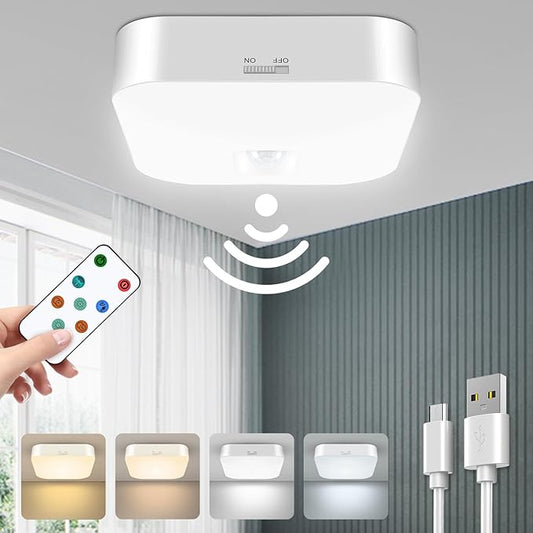 WhitePoplar Motion Sensor Rechargeable Ceiling Light Indoor with Remote, Wireless Battery Operated Rechargeable Sensor Light for Closet, Garage, Hallway, 3000K-6000K Battery Powered Shower Lights