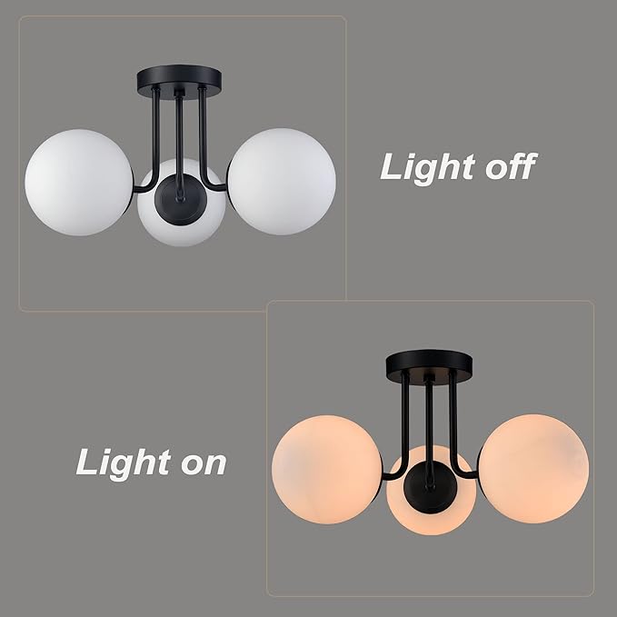 3-Light Modern Black Metal Semi Flush Mount Ceiling Light with White Globe Glass Shade Ceiling Mount Light Fixture for Hallway Living Room Sputnik Chandelier Lighting